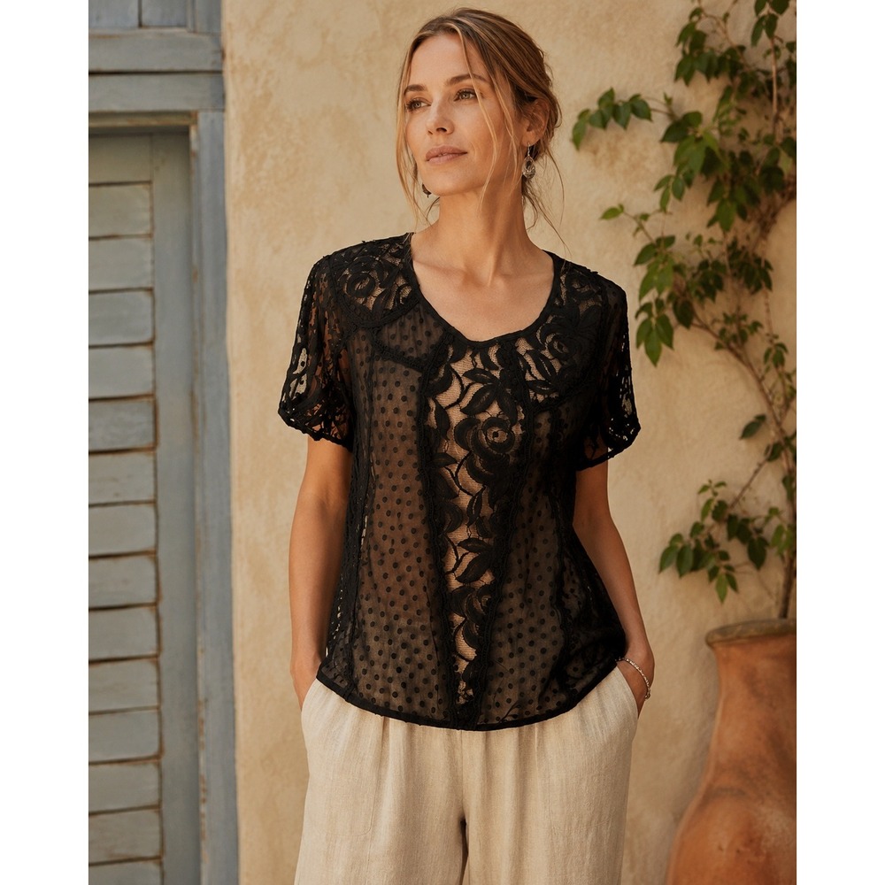 Sundance Black Lace Swiss Dot Silk Top Floral Embroidery Short Sleeve Womens L